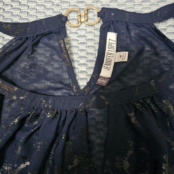 Jennifer Lopez Navy Metallic Snakeskin Burnout Top, Keyhole Blouse Size Medium - Picture 4 of 6